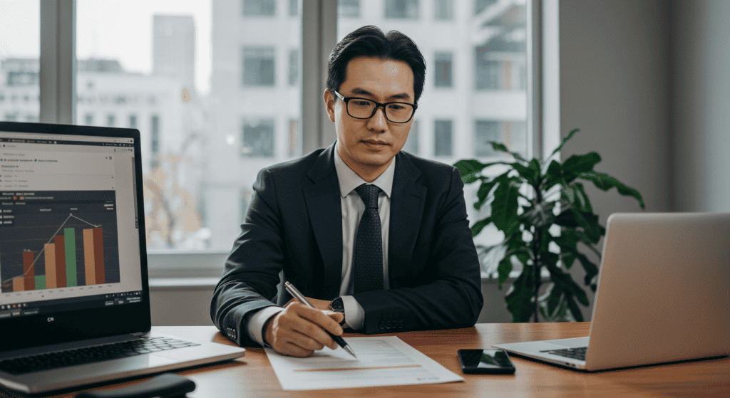 Businessman reviewing financial documents and charts