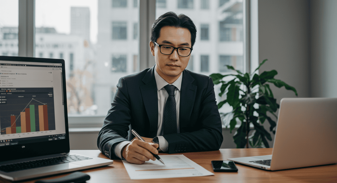Businessman reviewing financial documents and charts