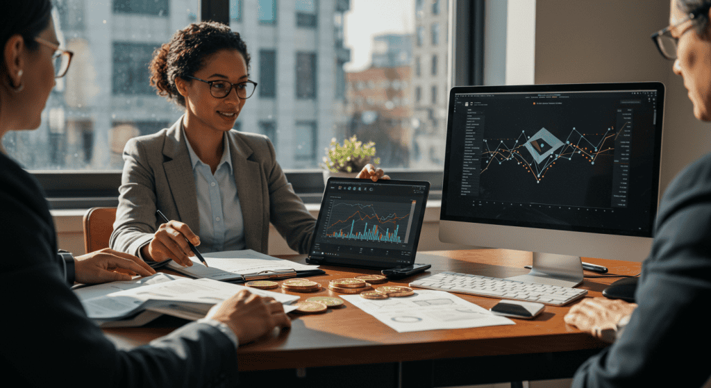 Business meeting analyzing financial graphs on screen.