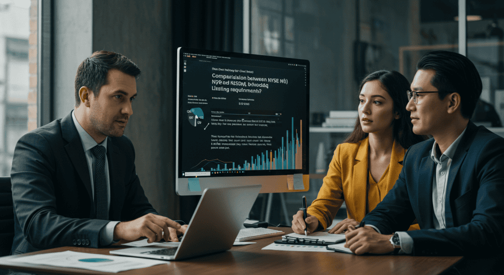 Business professionals discussing data on computer screen.