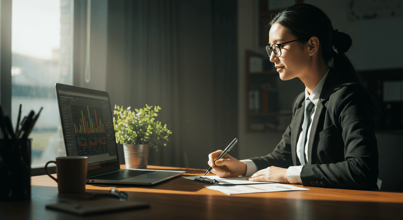 Businesswoman analyzing charts on laptop at desk.