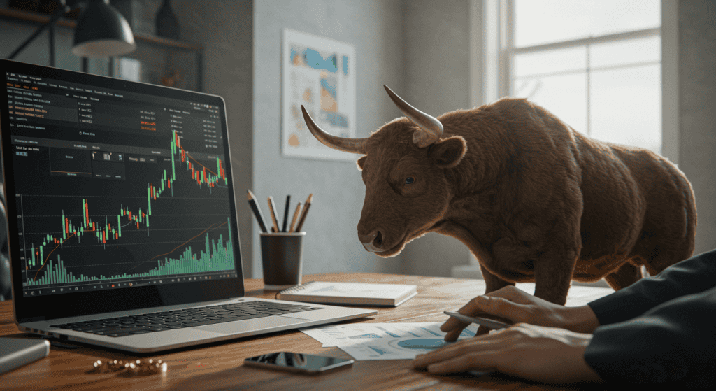 Bull near laptop with stock market chart