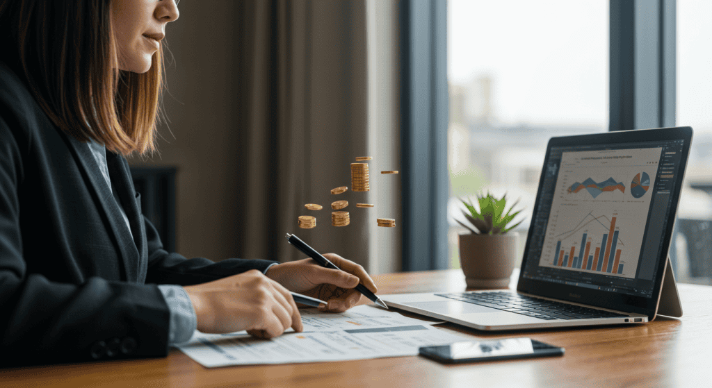 Businesswoman analyzing financial data on laptop.