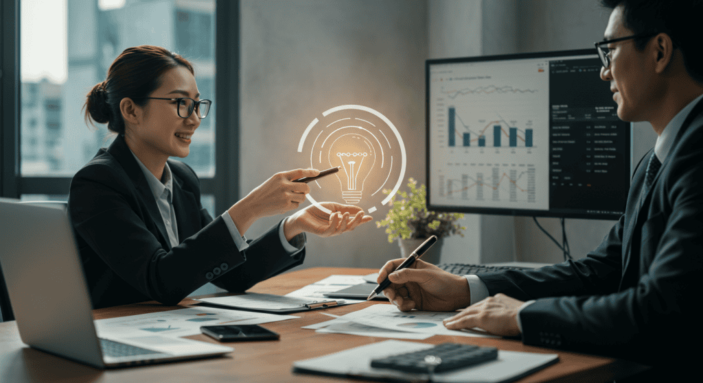 Business meeting with lightbulb graphic and charts