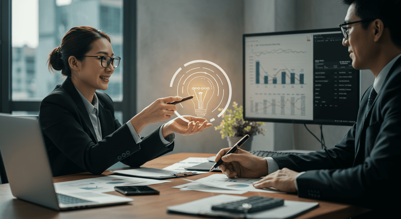 Business meeting with lightbulb graphic and charts