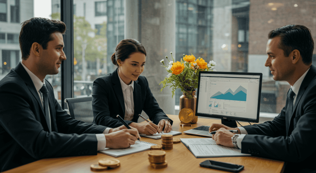 Business meeting with charts and coins on table.