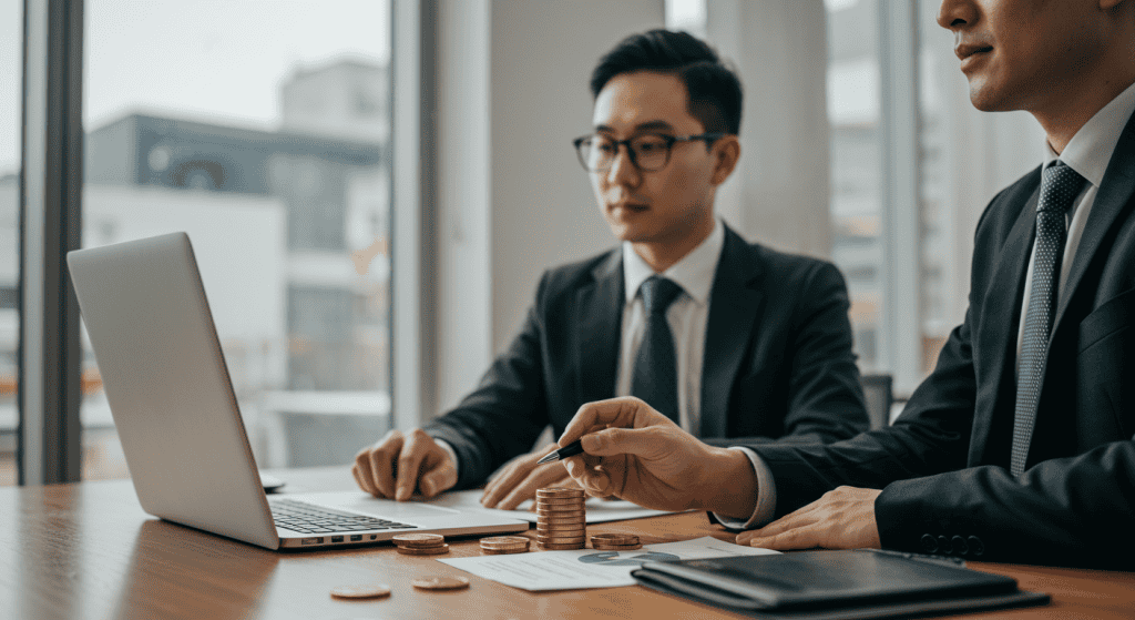 Business meeting with laptop and coins on table.