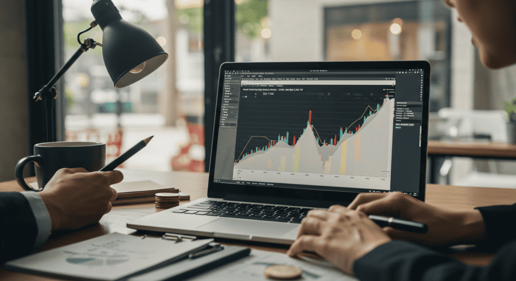 Analyzing financial data on laptop screen.