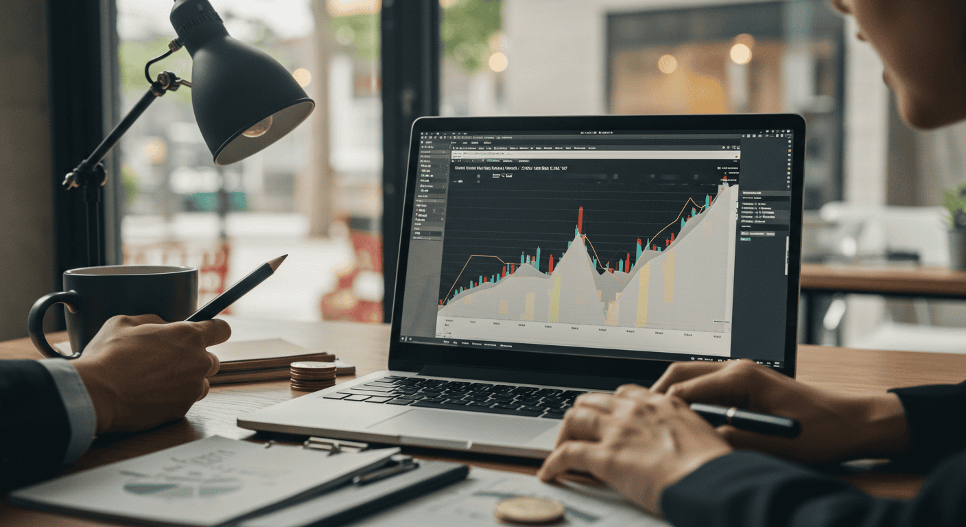 Analyzing financial data on laptop screen.