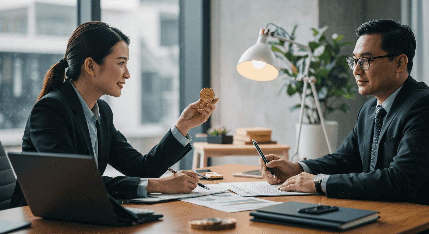 Two professionals discussing cryptocurrency in an office.