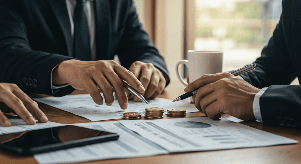 Business meeting analyzing financial documents and coins.
