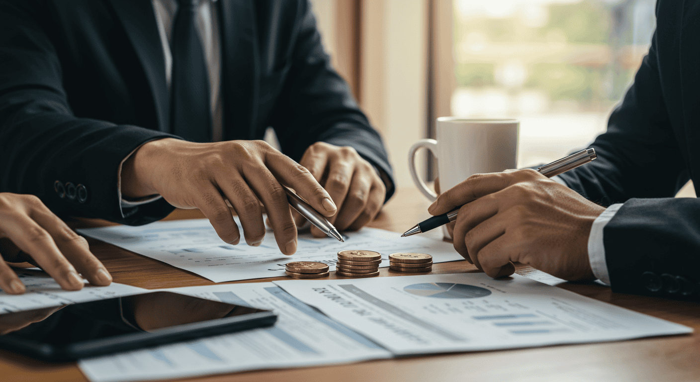 Business meeting analyzing financial documents and coins.