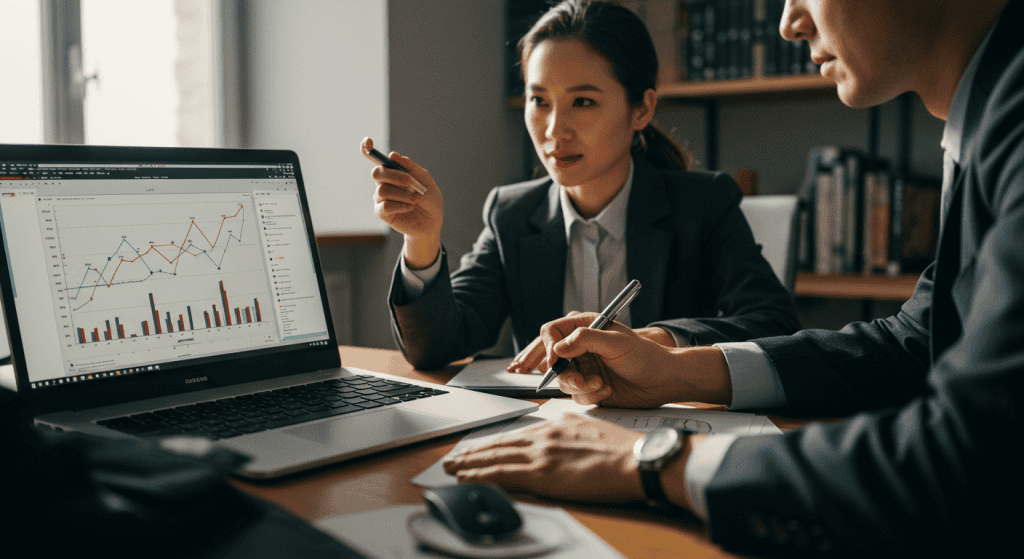 Business meeting analyzing financial graphs on laptop