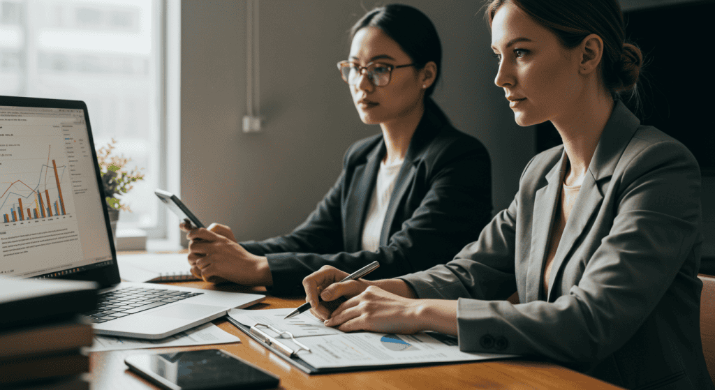 Business meeting with data analysis on laptop, documents.