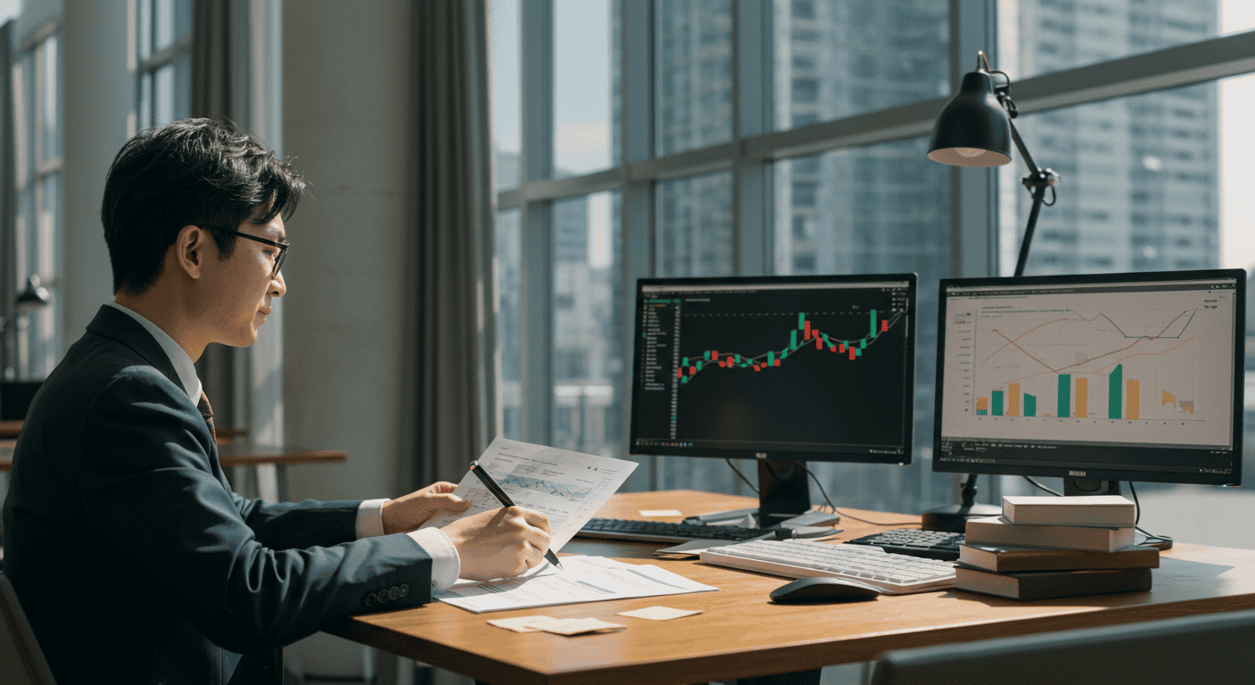 Businessman analyzes financial charts at the office desk.