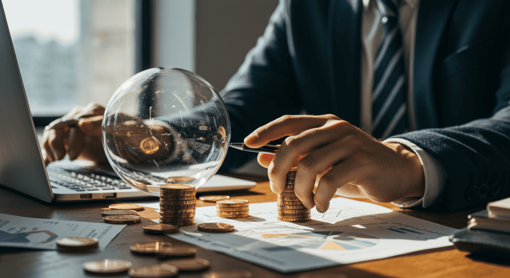 Person analyzing financial charts with coins and laptop.