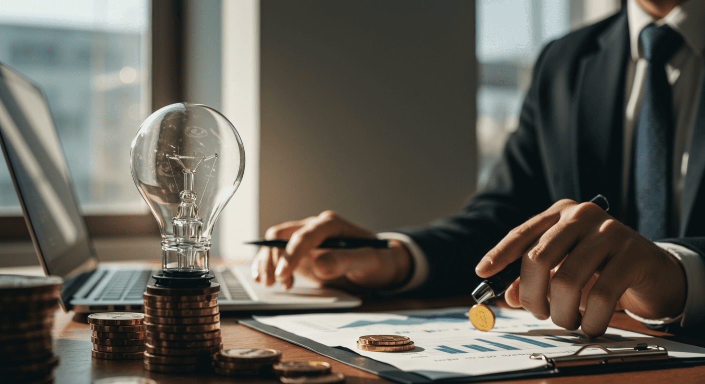 Businessman analyzing financial data with coins and laptop.