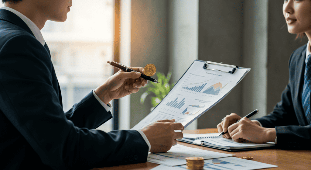 Business meeting with financial charts and reports