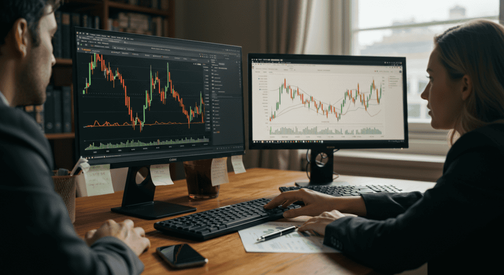 Two analysts examine stock market charts on computers.
