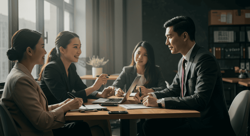 Team meeting discussion around table.