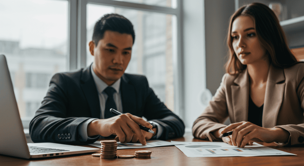 Business meeting with documents and coins on table.