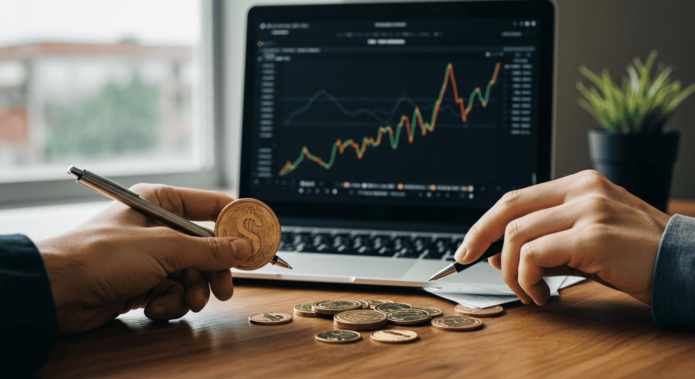 Analyzing stock market data with coins and laptop.