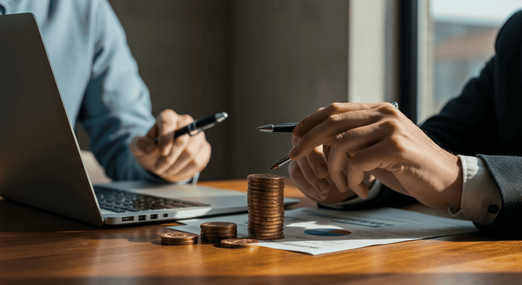 Business meeting with coins and financial documents.