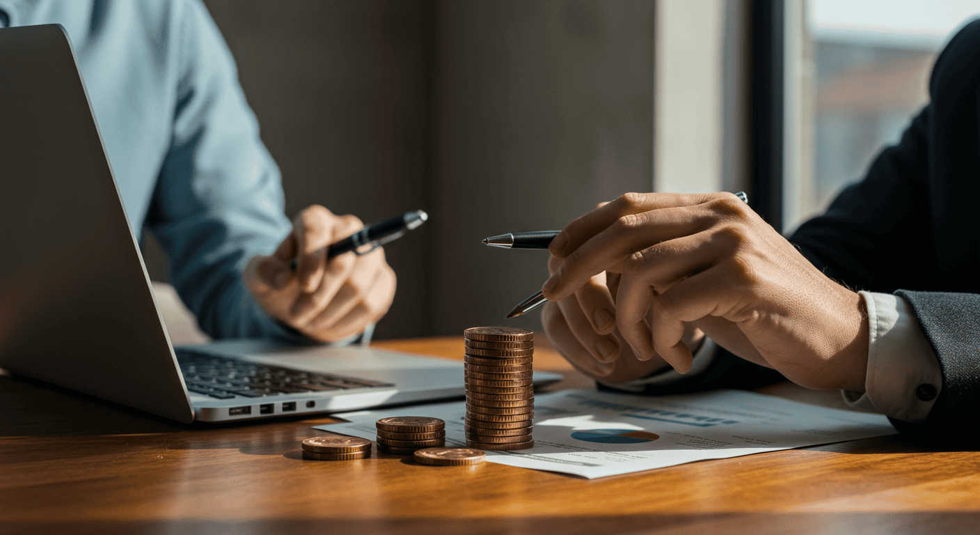 Business meeting with coins and financial documents.