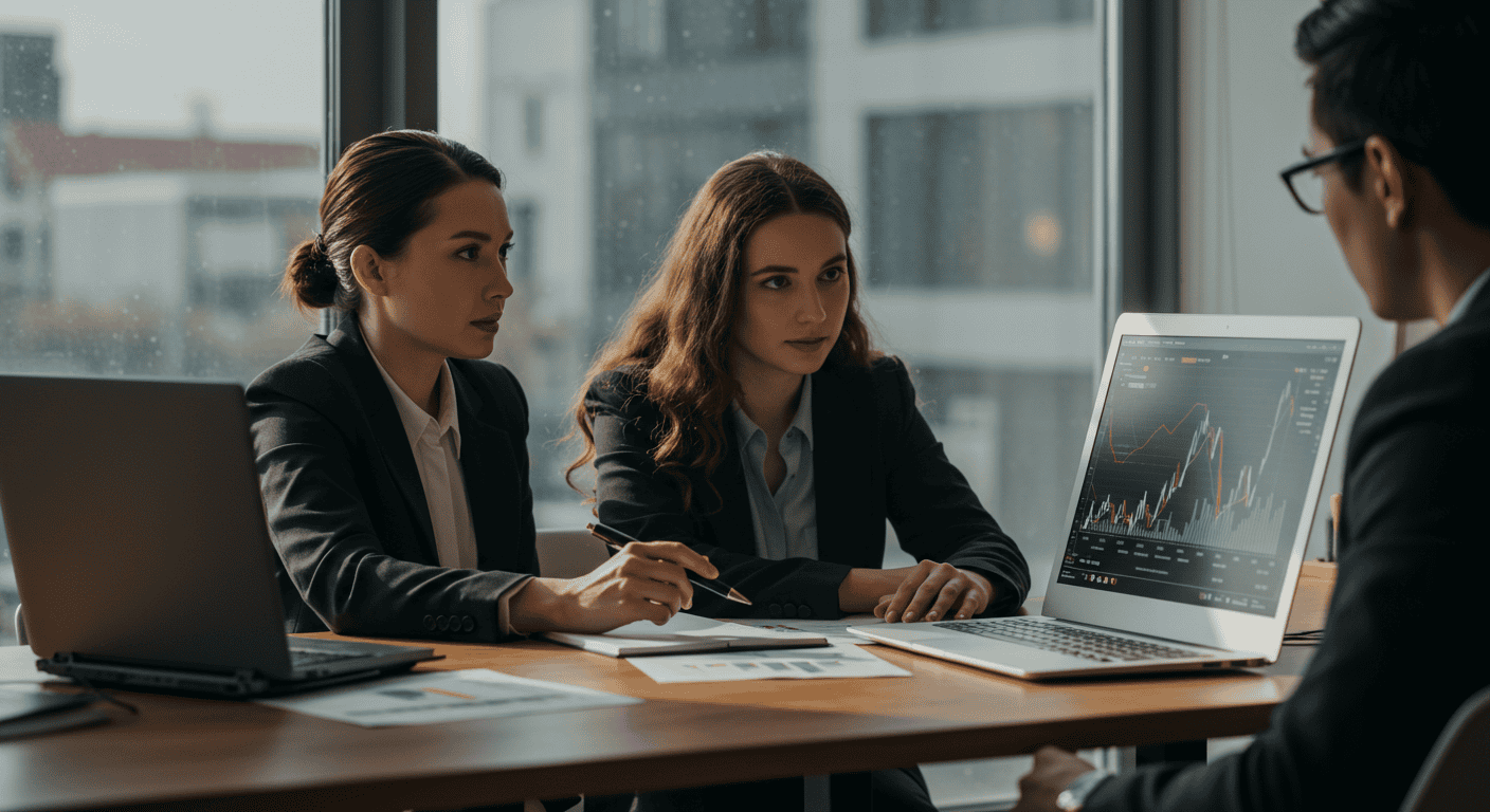 Professionals analyzing stock market graphs on laptop.