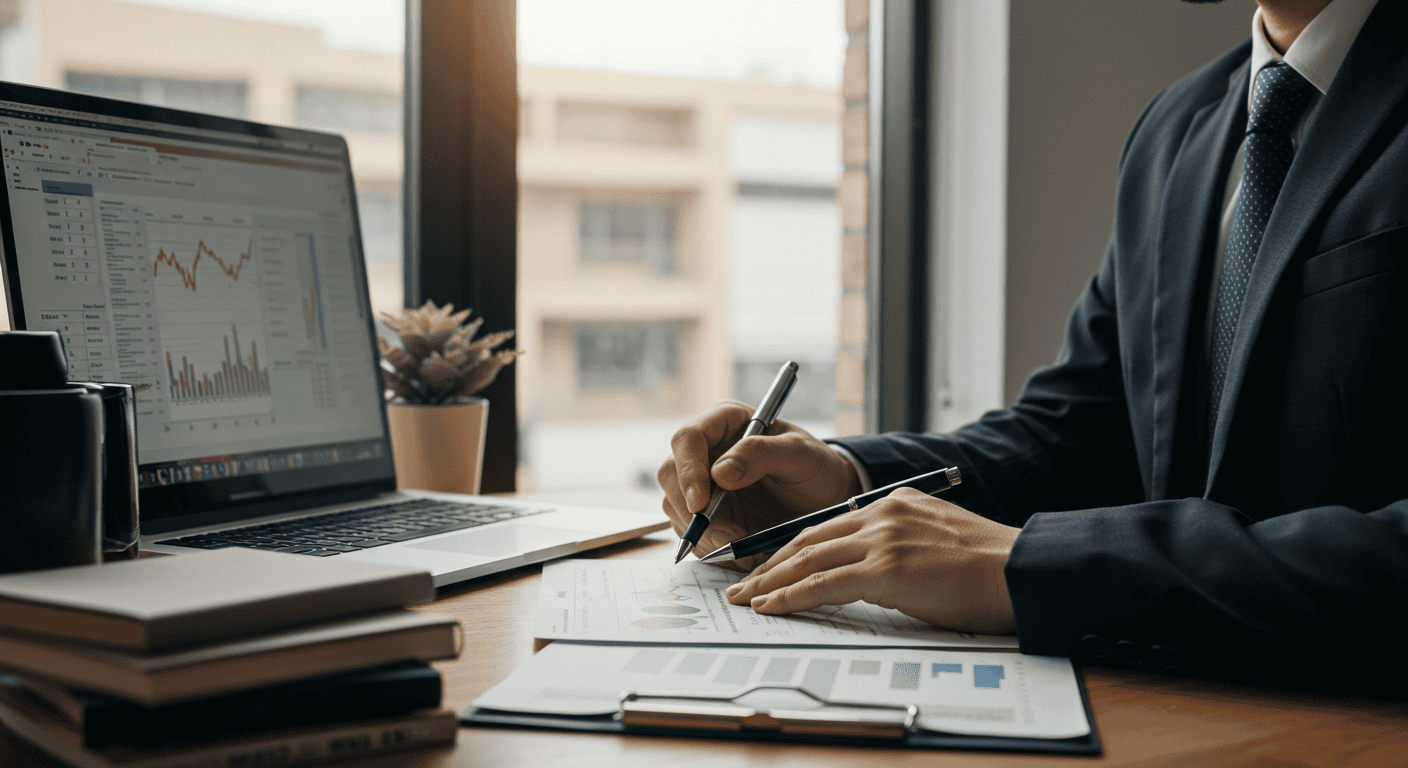 Businessman analyzing financial charts in office.