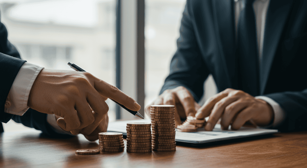 Business meeting with stacked coins on table.