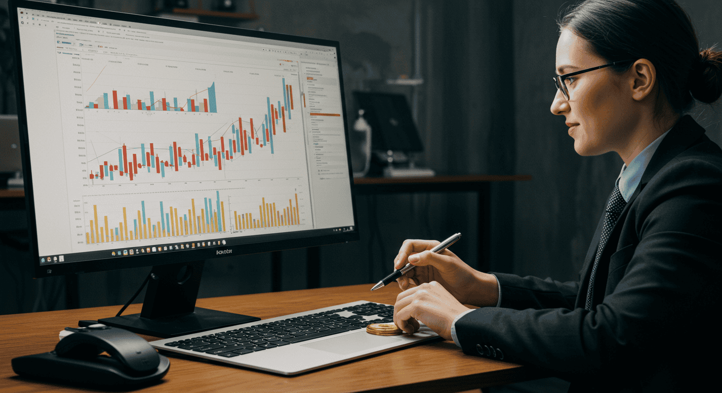 Businesswoman analyzing financial charts on computer screen