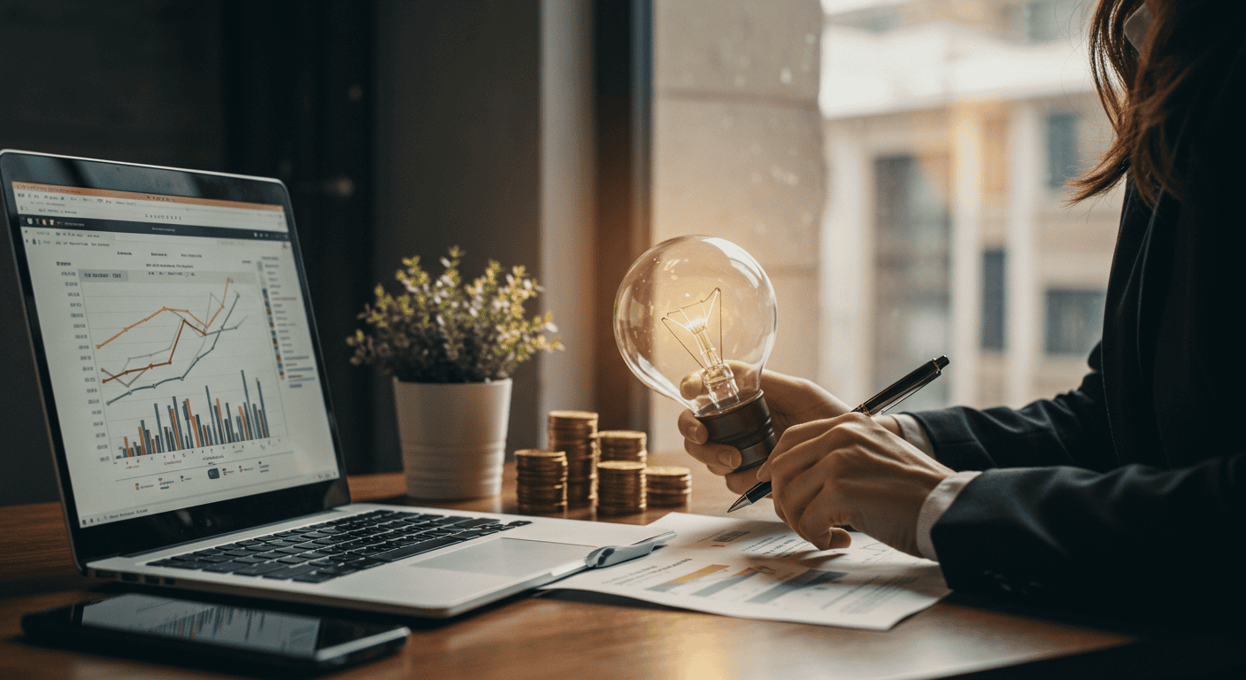 Analyzing financial data with graphs and lightbulb idea.