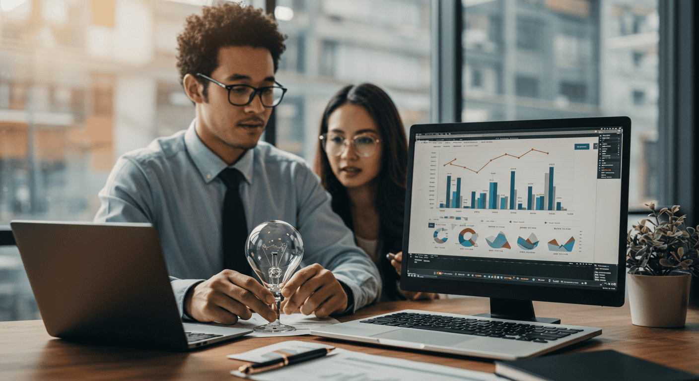 Team analyzing data with graphs on computer screen.