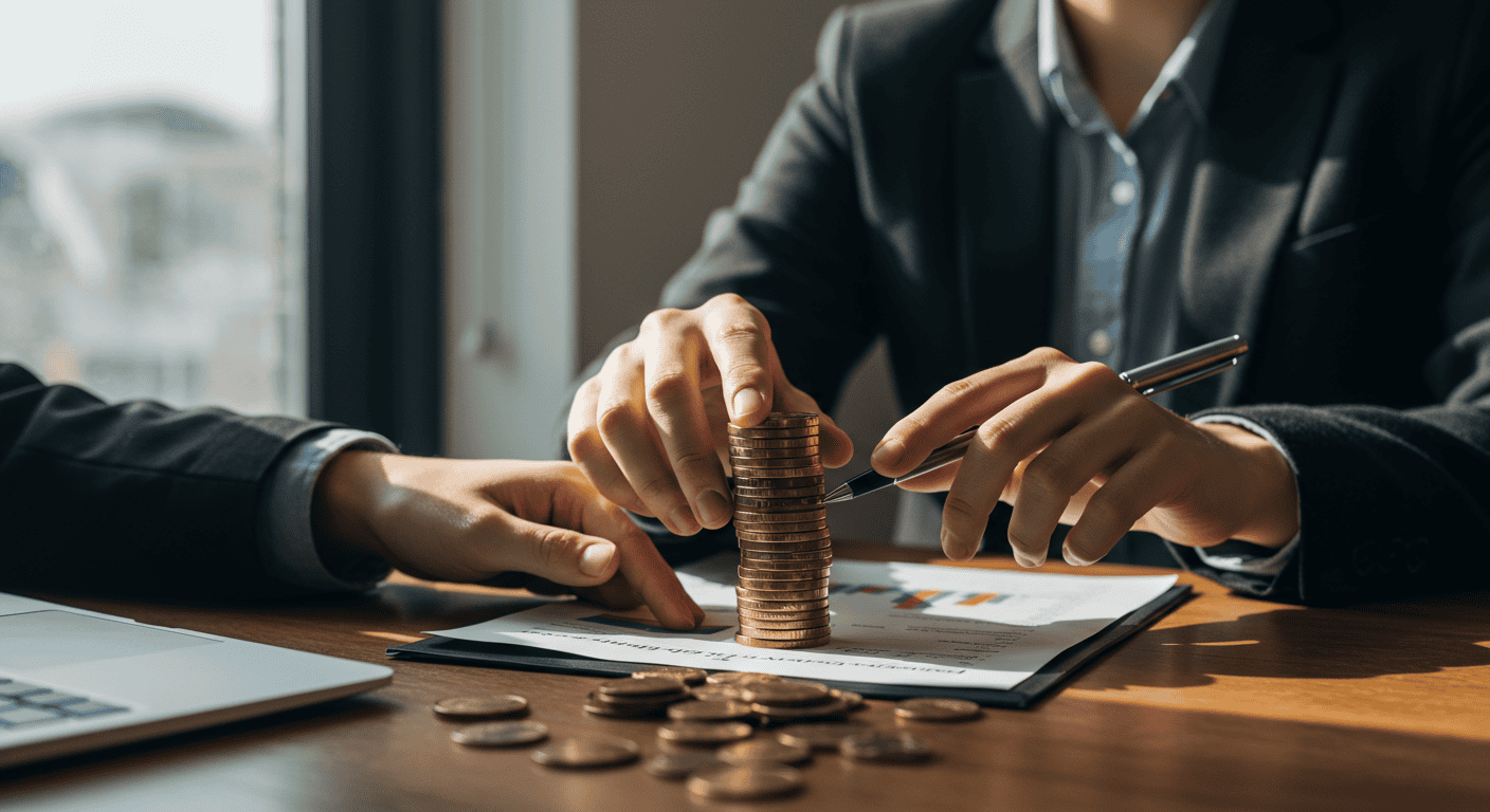 Businesspeople counting coins and analyzing documents