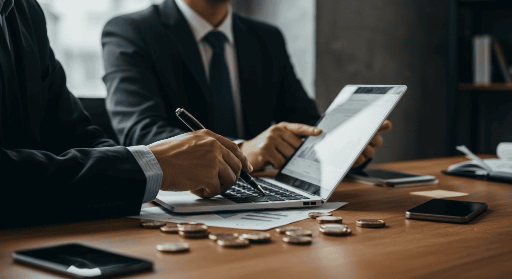 Business meeting analyzing financial graphs on tablet.