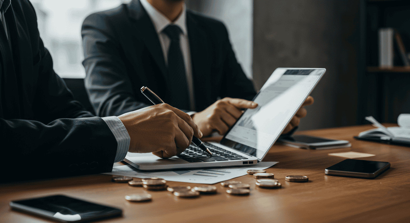 Business meeting analyzing financial graphs on tablet.