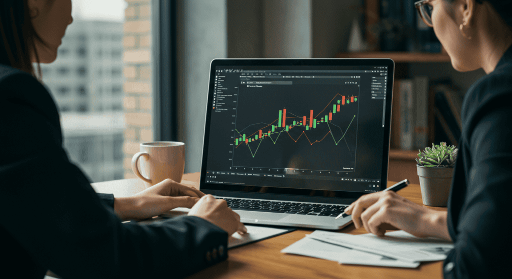 Two people analyzing stock market graphs on laptop.
