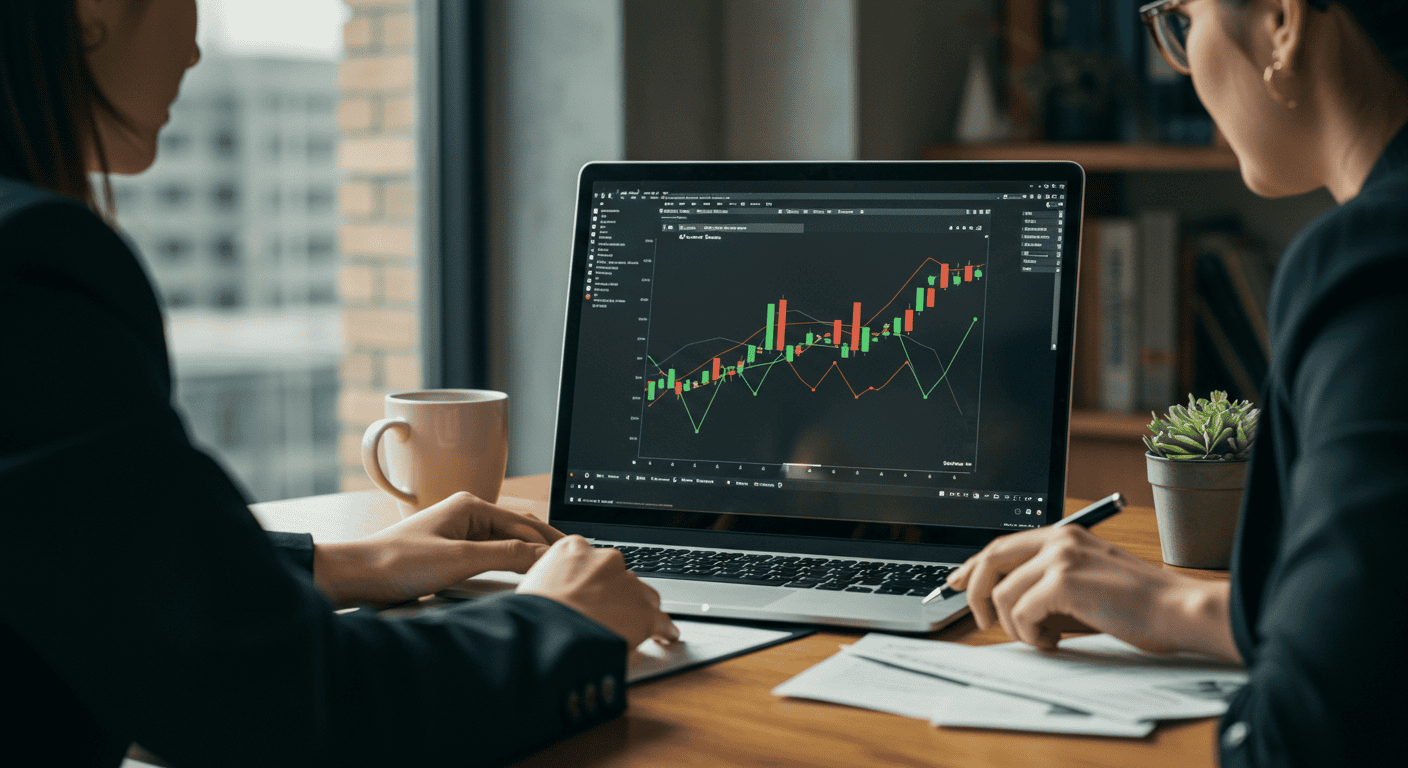 Two people analyzing stock market graphs on laptop.