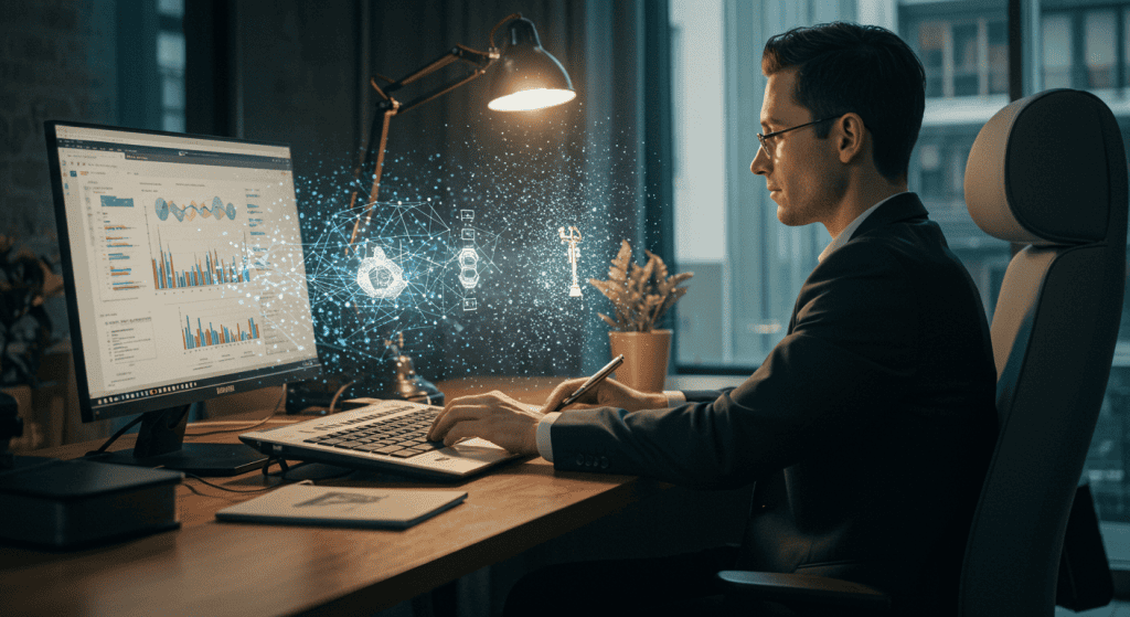 Man analyzes data on computer at office desk.
