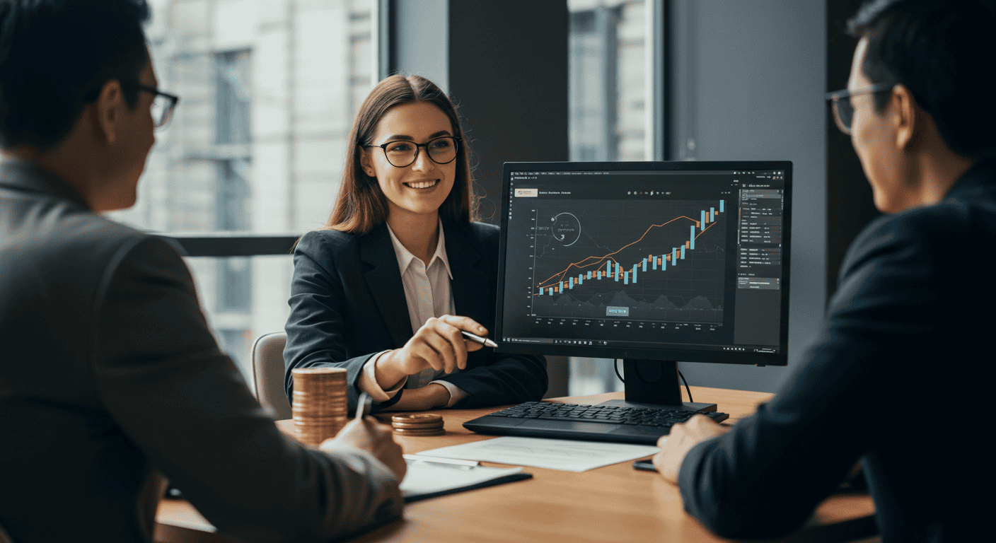 Business meeting with graph on computer screen.