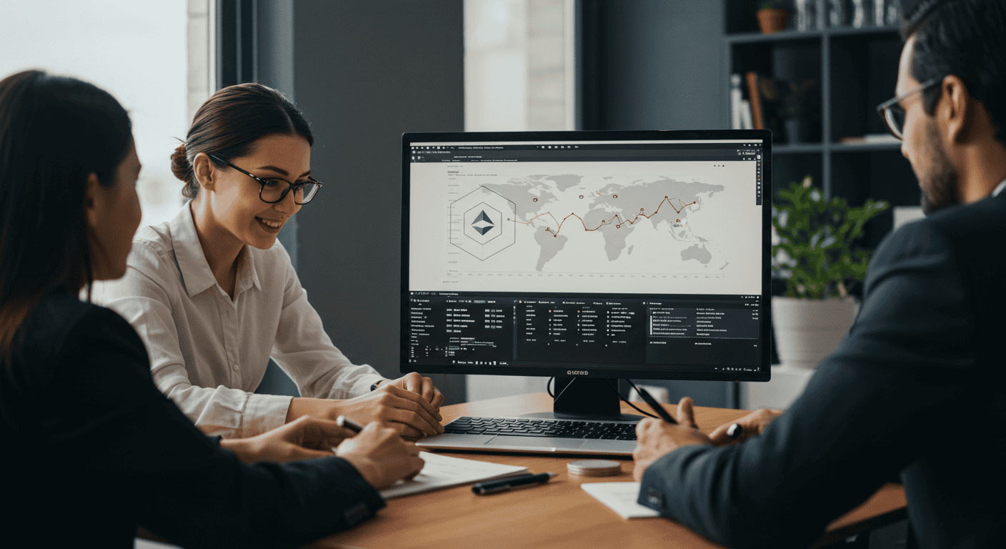 Business team analysis meeting with world map data.