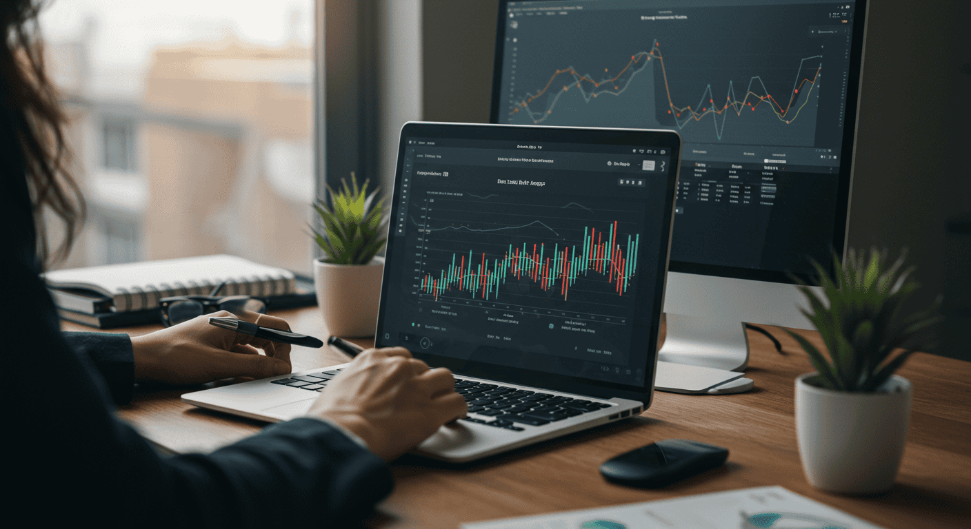 Person analyzing financial graphs on laptop and monitor.