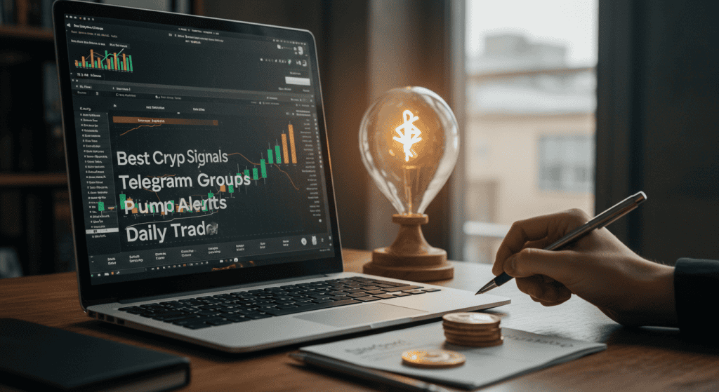 Cryptocurrency trading signals on laptop screen.