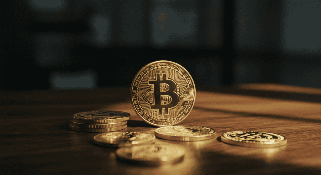 Stacked Bitcoin coins on wooden table