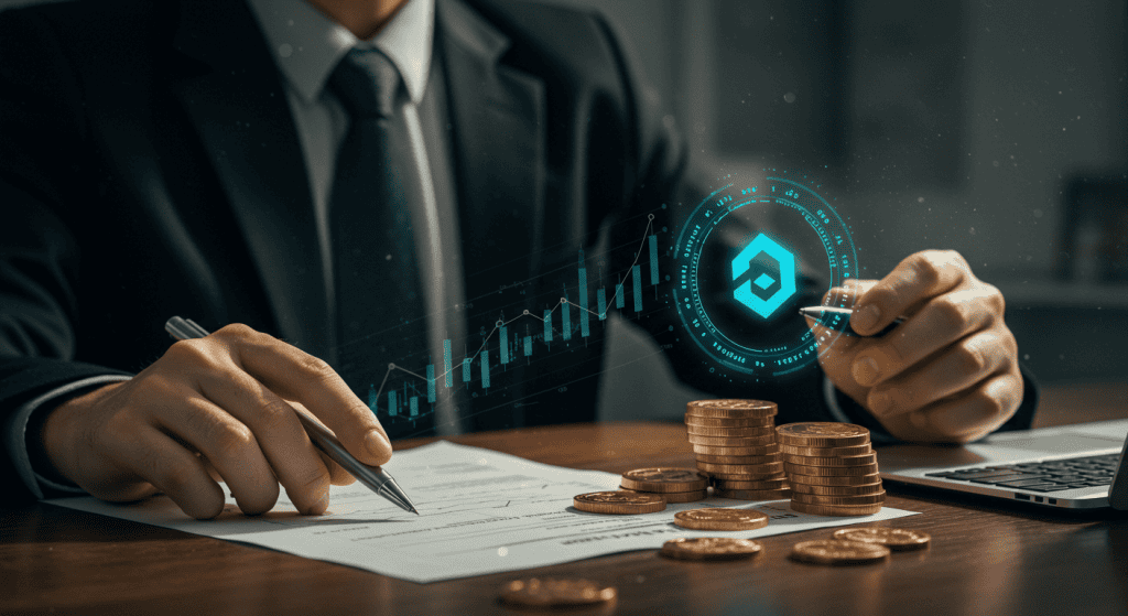 Businessman analyzing financial data with coins.