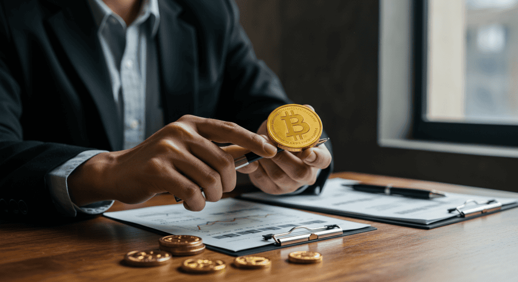 Person holding bitcoin over financial documents