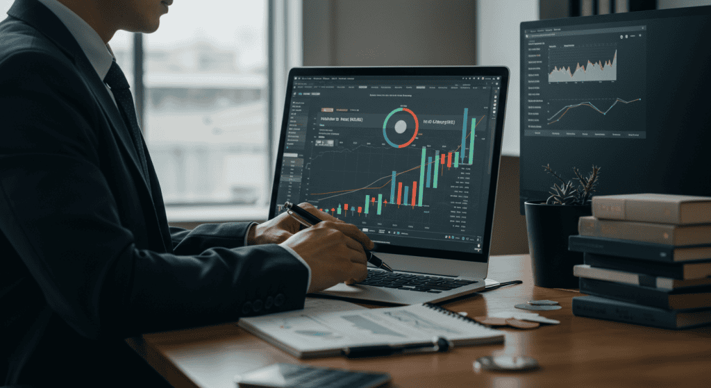 Person analyzing financial charts on a laptop screen.