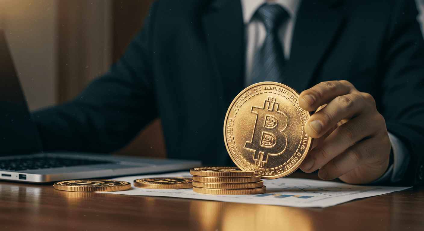 Person holding Bitcoin near laptop