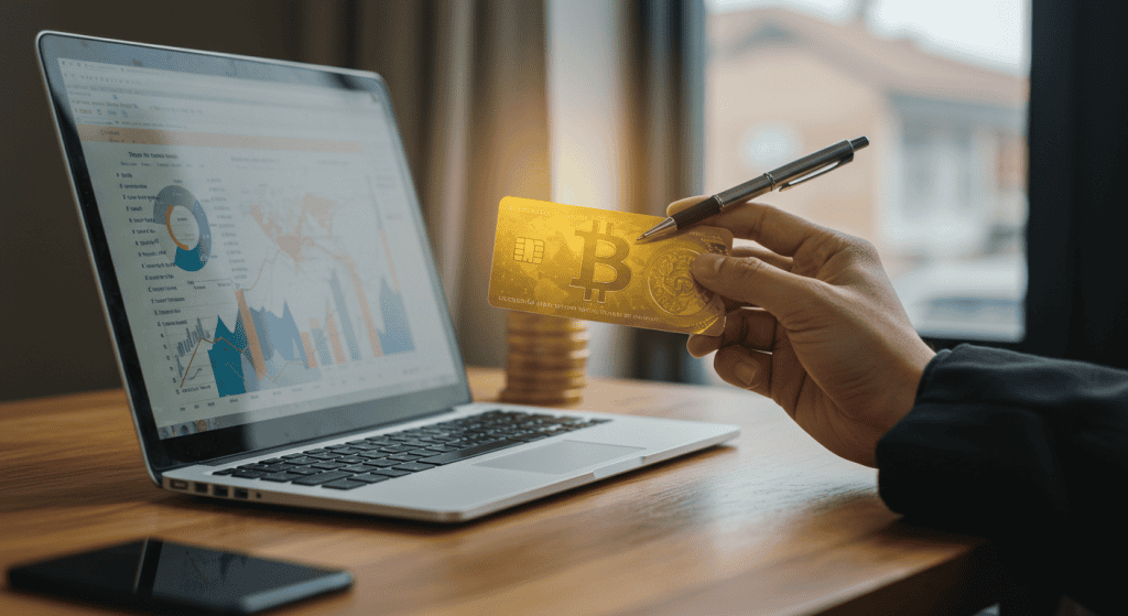 Laptop analysis and Bitcoin card.